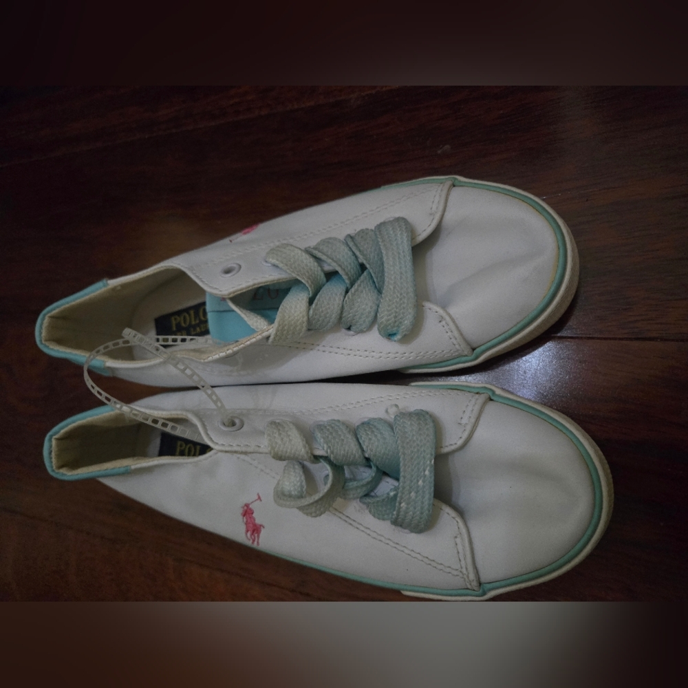 Polo Ralph Lauren White Sneakers with Teal Accents Kids Size 2